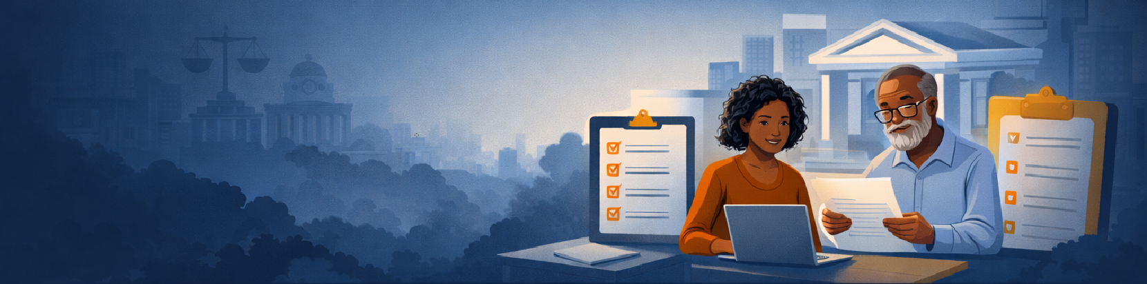 A tenant and an advocate reviewing paperwork together